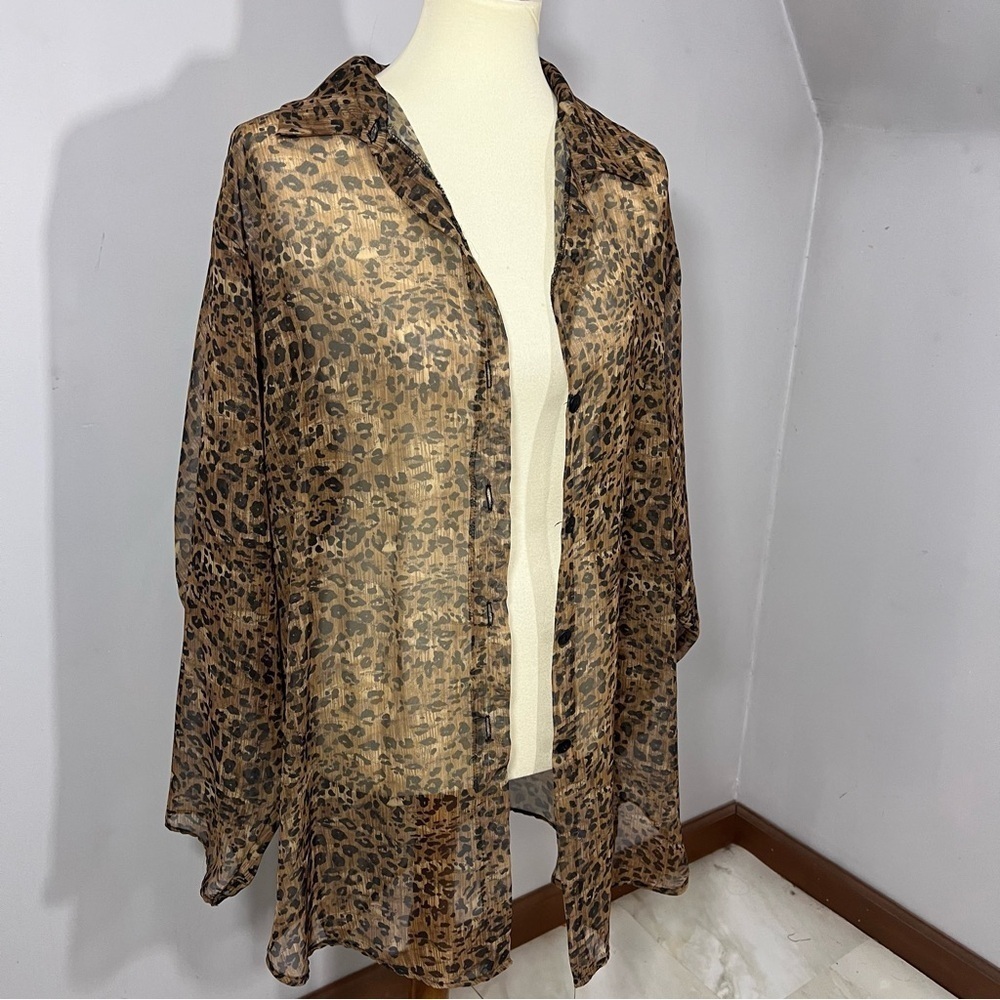Vintage animal print sheer long line blouse swimsuit coverup leopard mobwife top